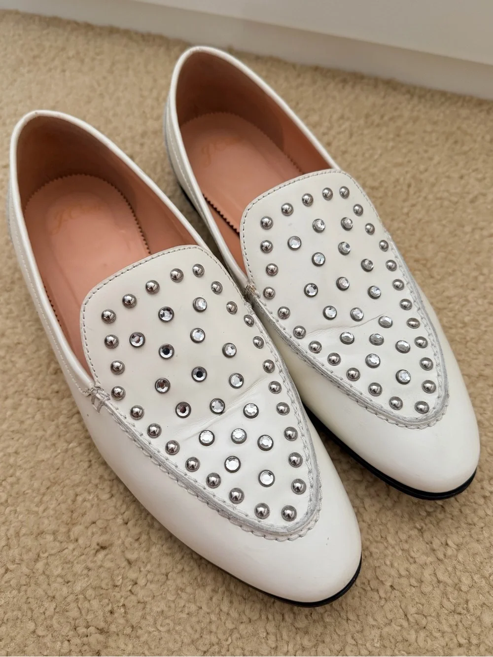 J. Crew Academy Loafers in Studded Leather, White Size 8